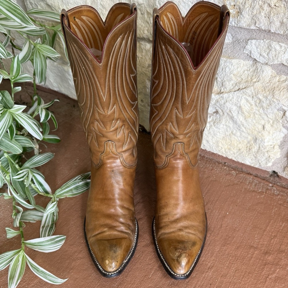 Lucchese Men's 10.5 B Vintage Tan Leather Cowboy Boots Handmade 2099